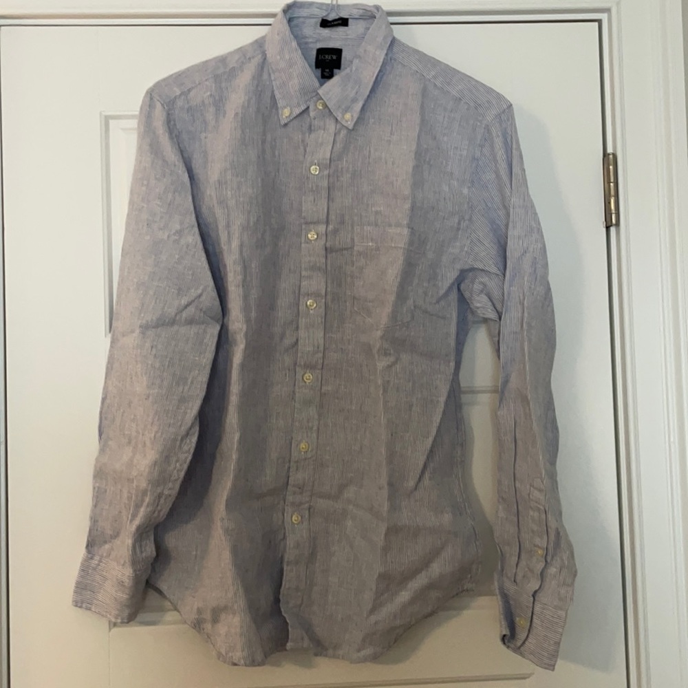 NWT J.Crew Linen Button Down in blue and white stripe. Size M